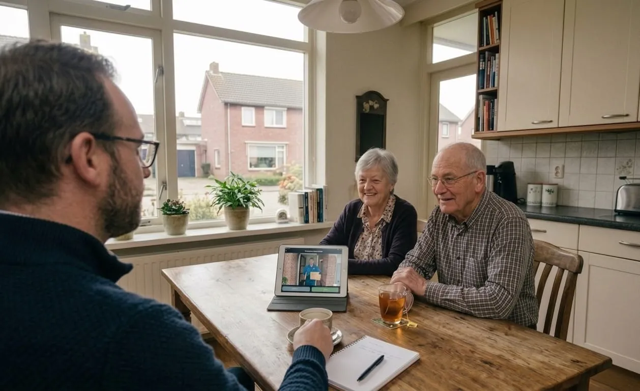 Senioren bekijken samen met een vriendelijke adviseur de beelden van een videodeurbel op een tablet, aan de keukentafel thuis.