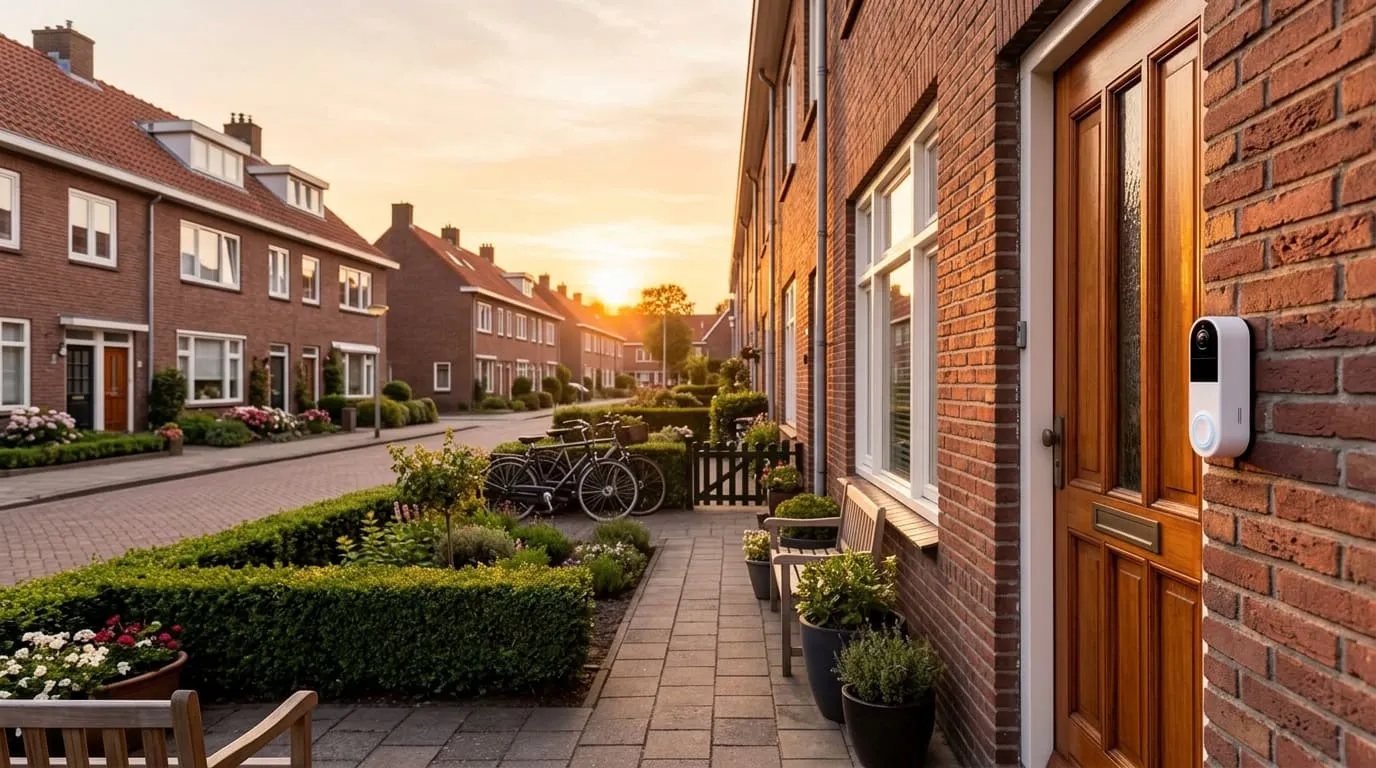 Een warme Nederlandse voordeur met een moderne videodeurbel  tastbare beveiliging voor uw huis.