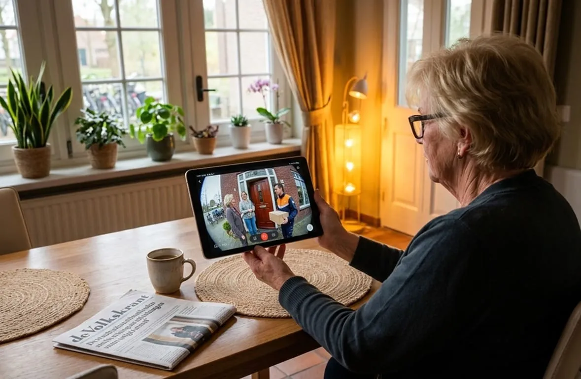 Oudere vrouw kijkt thuis op een tablet wie er voor de deur staat via een videodeurbel.