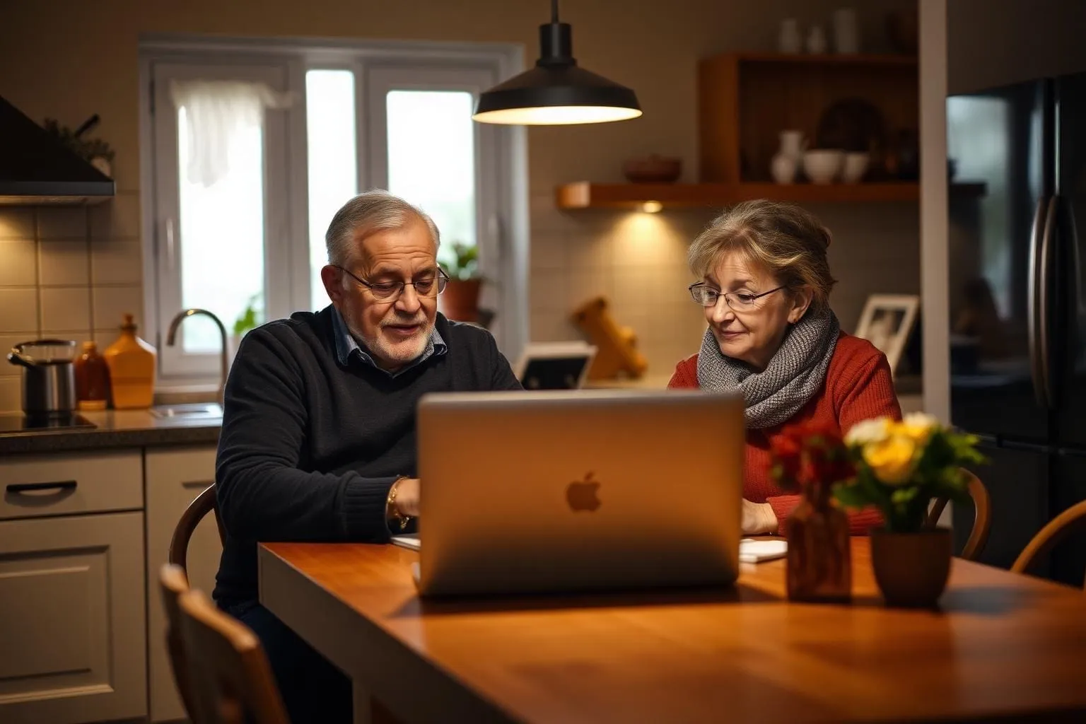 Ouder echtpaar achter een laptop aan de keukentafel, ontspannen en zelfverzekerd.