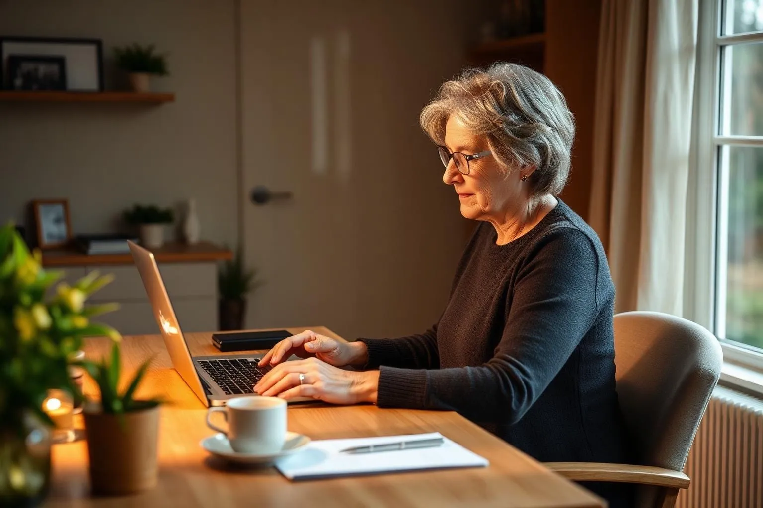 Oudere vrouw werkt rustig en zelfverzekerd op haar laptop aan een opgeruimd bureau thuis.