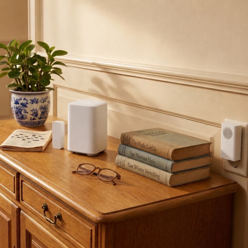 Videodeurbel netjes geïnstalleerd naast een houten voordeur.